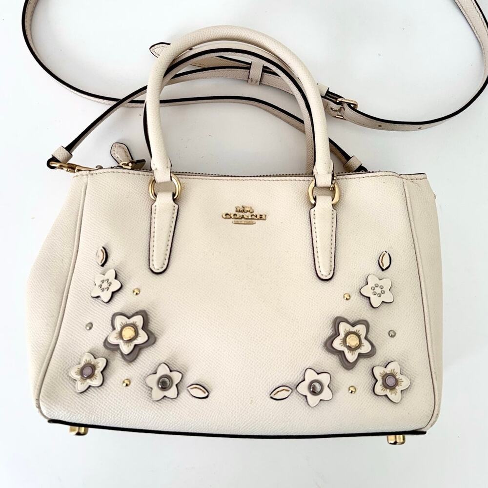 Coach Mini Surrey Carryall Crossgrain Leather Floral Applique Crossbody Chalk - Picture 4 of 16